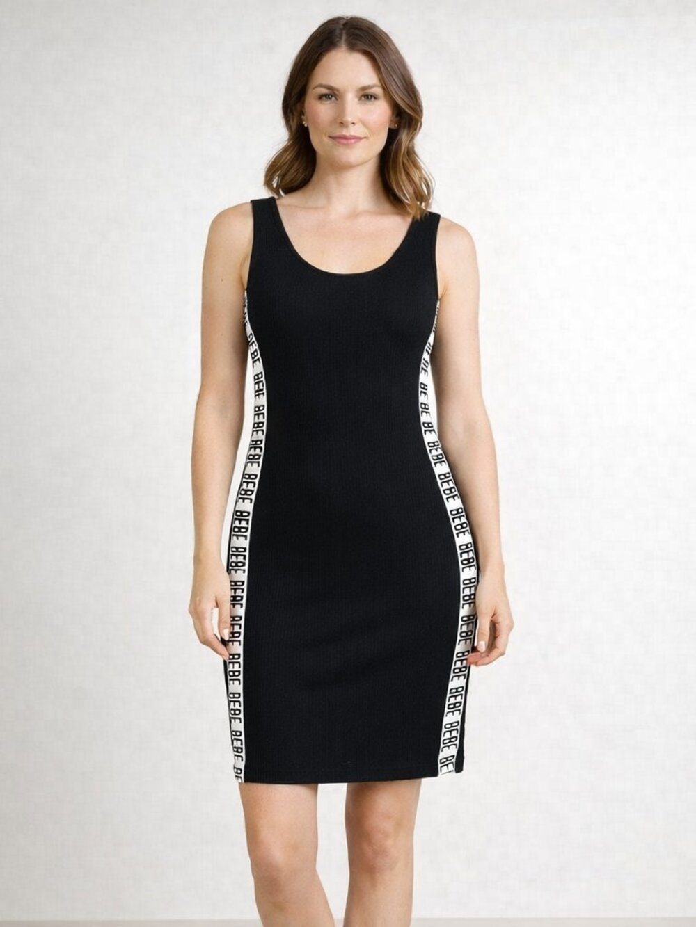 Bebe Womens Ribbed Tank Dress Size S Black Bodycon Logo Side Stripe Sporty Y2K
